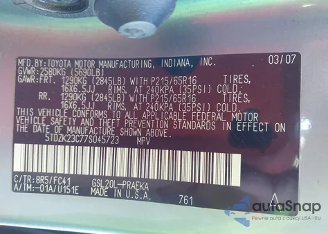 2007 Toyota Sienna Le z USA, uszkodzony, nr VIN 5TDZK23C77S045723